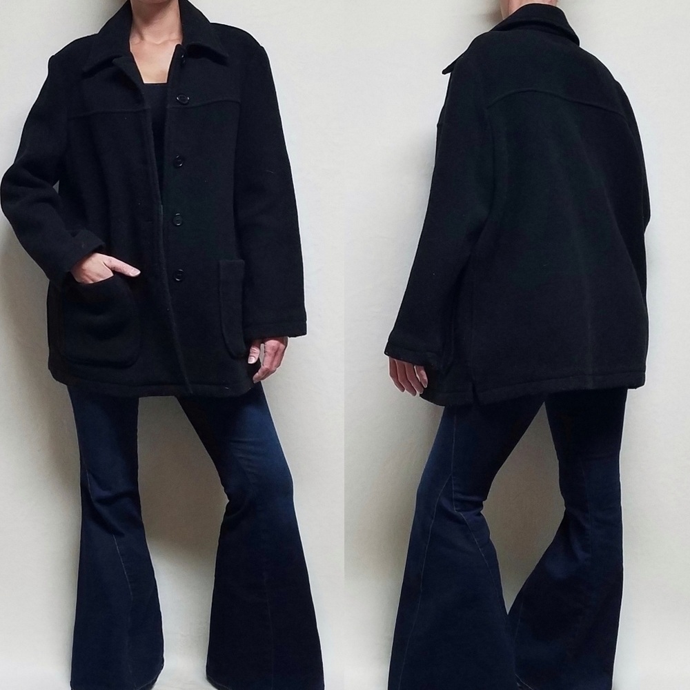 Vintage Made in Italy of Benetton Black Wool Straight Cut Peacoat Trench Coat M